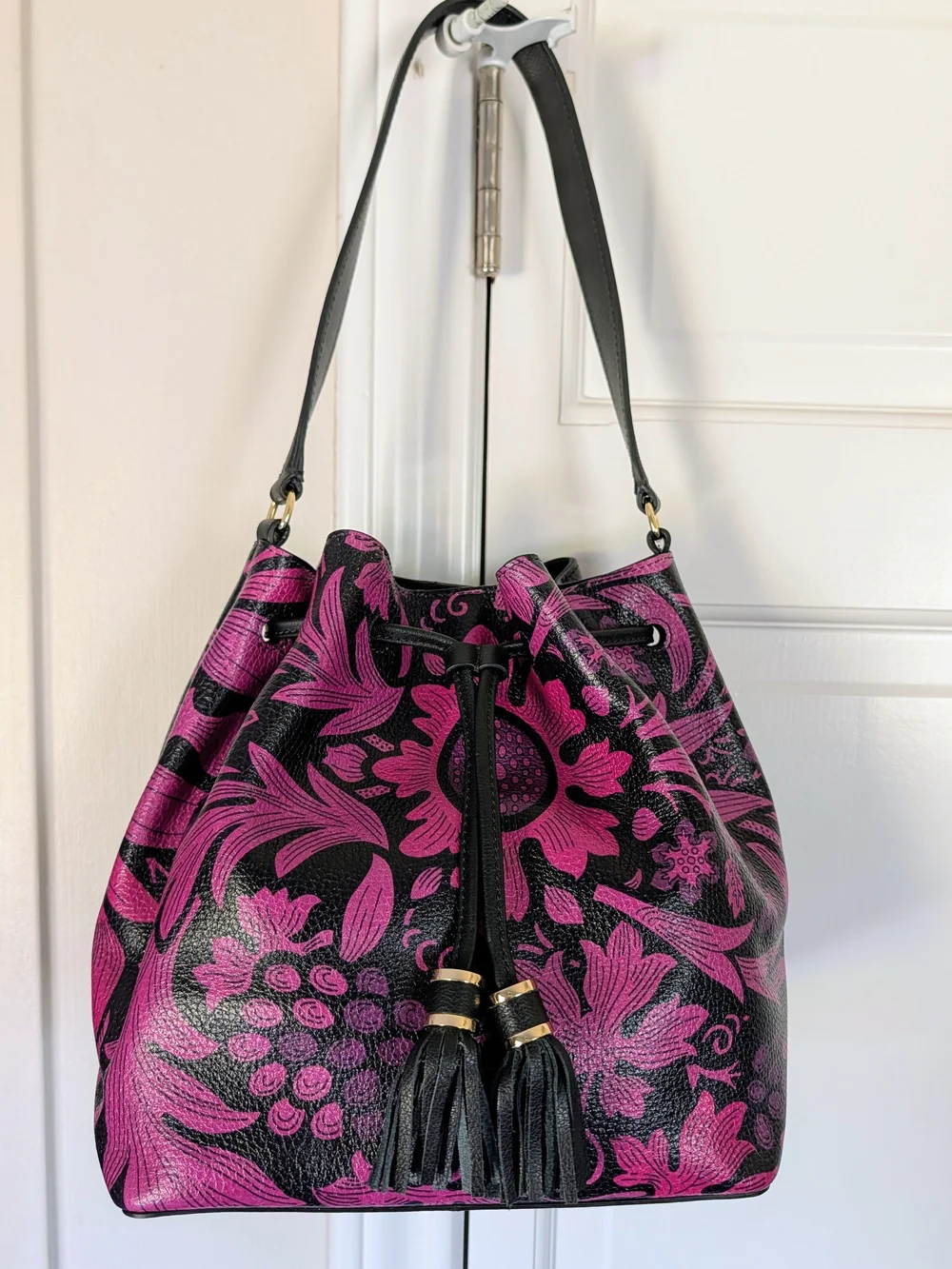 Talbots Black & Fuchsia Floral Drawstring Hobo
